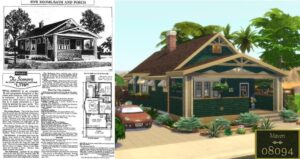 Gegenüberstellung eines Hauses aus einem Katalog mit einem Haus beim Computerspiel Sims